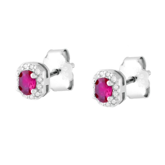 Orecchini Ovale Rosso Rubino contornato da Cubic Zirconia Bianchi in ARGENTO 925 Galvanica Rodio