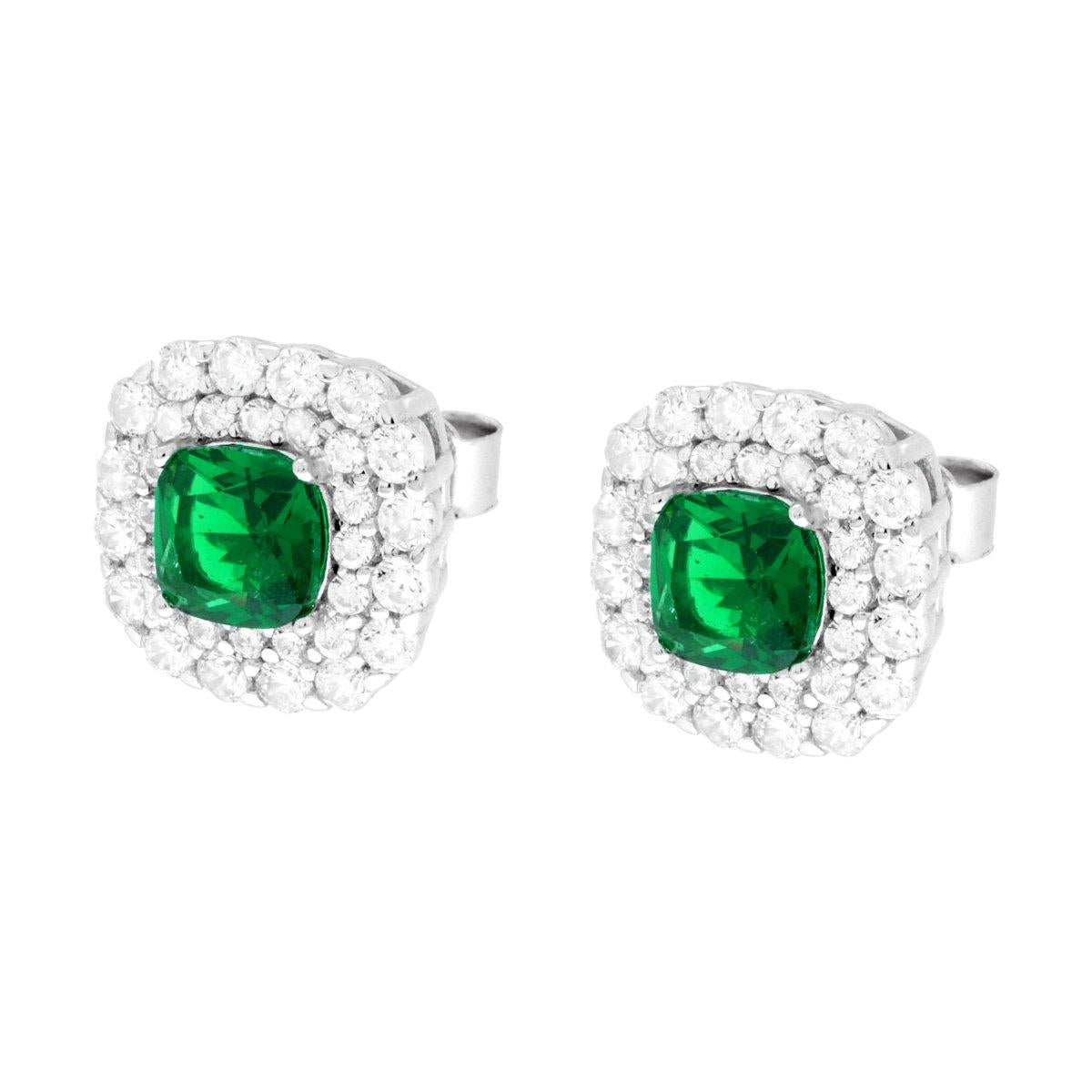 Orecchini Quadrato Cushion Verde Smeraldo contornato da Cubic Zirconia Bianchi in ARGENTO 925 Galvanica Rodio