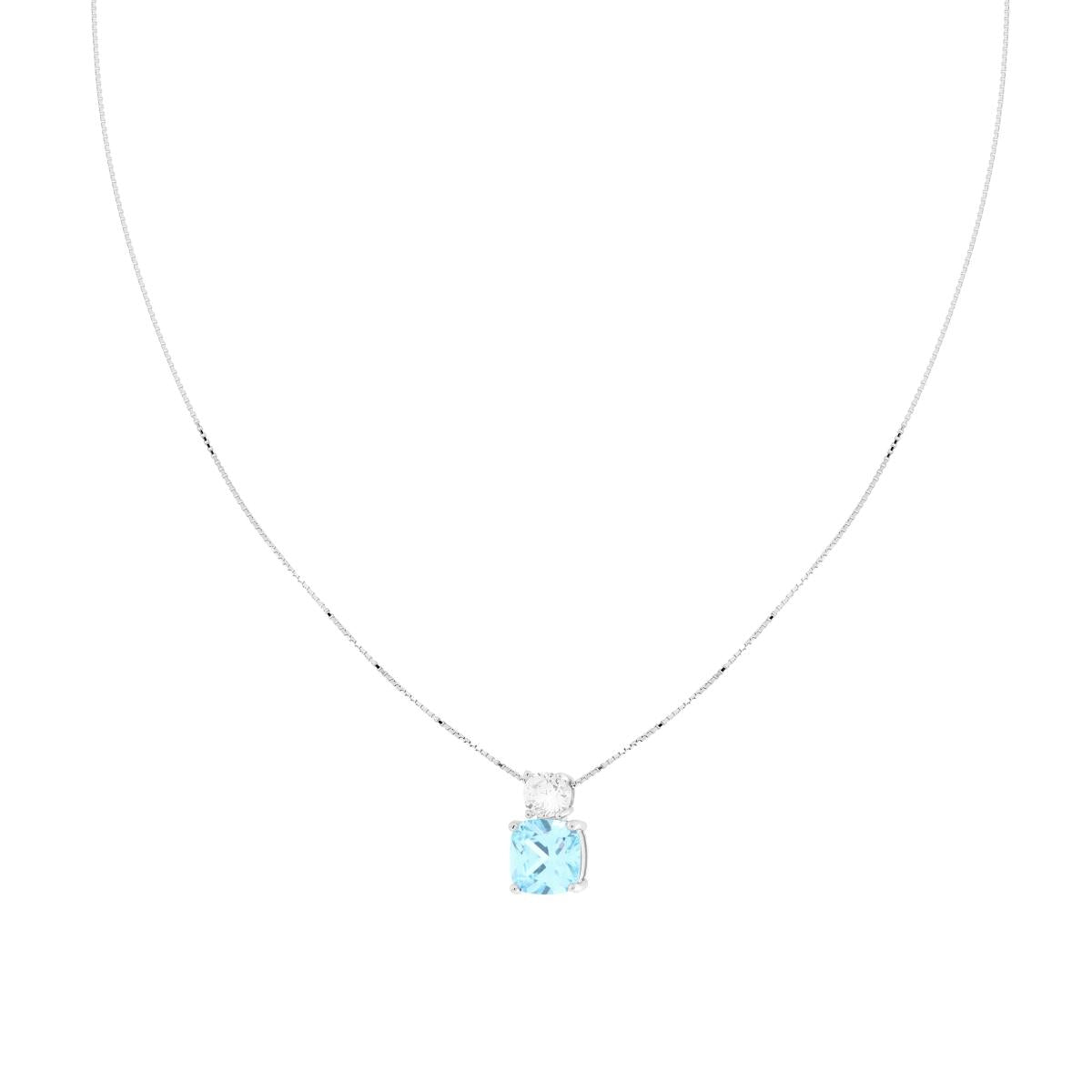 Collana Catena Veneziana Diamantata con Quadrato Cushion Acquamarina e Cubic Zirconia Bianco in ARGENTO 925 Galvanica Rodio