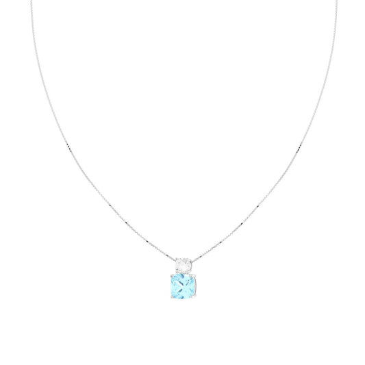 Collana Catena Veneziana Diamantata con Quadrato Cushion Acquamarina e Cubic Zirconia Bianco in ARGENTO 925 Galvanica Rodio