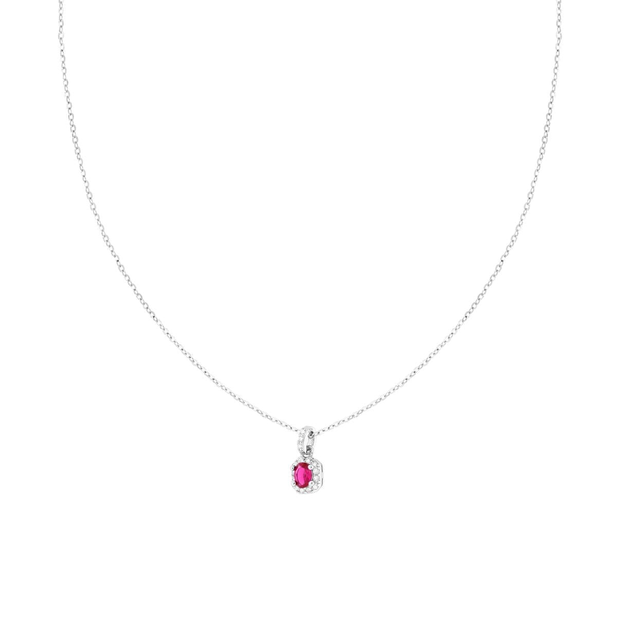 Collana Catena Forzatina Diamantata con Ovale Rosso Rubino contornato da Cubic Zirconia Bianchi in ARGENTO 925 Galvanica Rodio