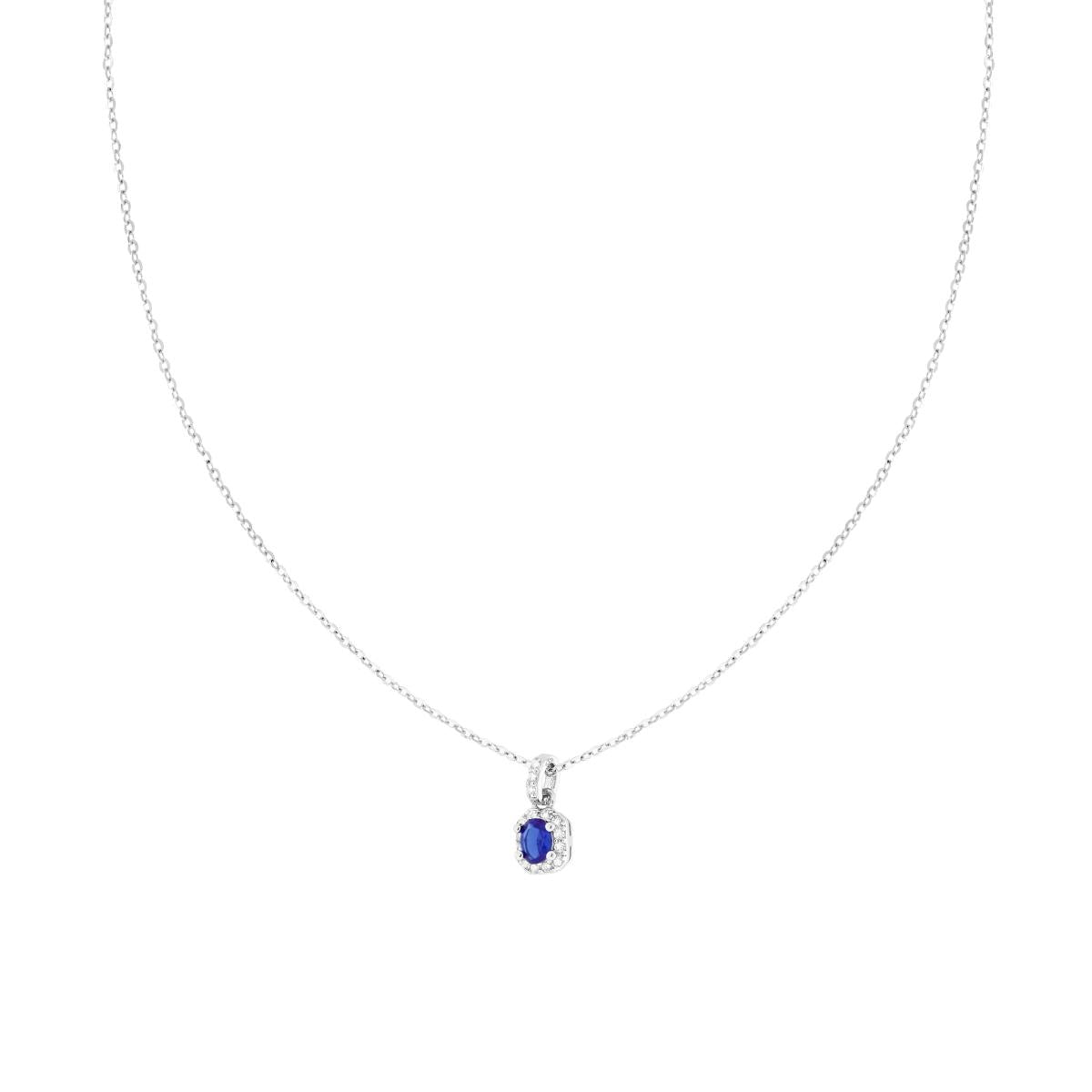 Collana Catena Forzatina Diamantata con Ovale Blu Zaffiro contornato da Cubic Zirconia Bianchi in ARGENTO 925 Galvanica Rodio