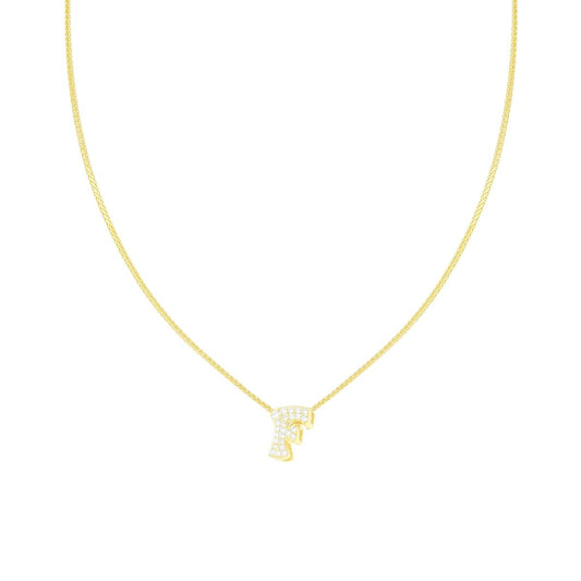 Collana Catena Spiga Diamantata con Lettera Iniziale F e Cubic Zirconia Bianchi in ARGENTO 925 Galvanica Oro