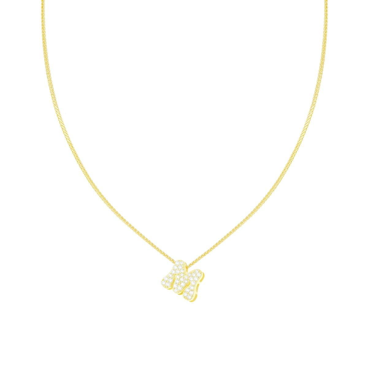 Collana Catena Spiga Diamantata con Lettera Iniziale M e Cubic Zirconia Bianchi in ARGENTO 925 Galvanica Oro