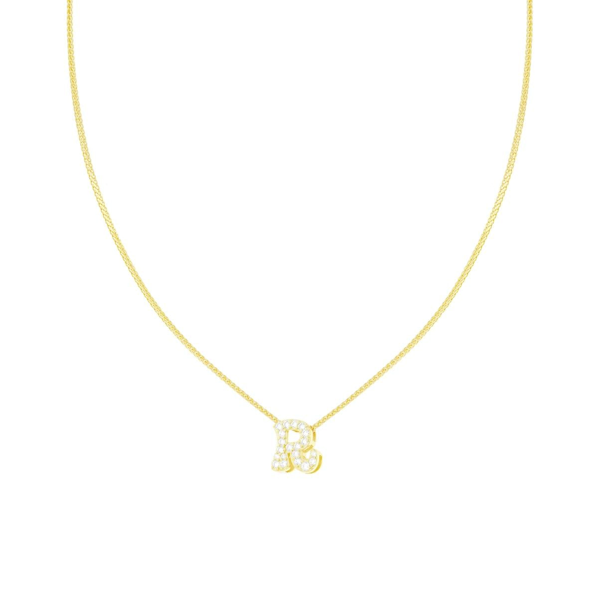 Collana Catena Spiga Diamantata con Lettera Iniziale R e Cubic Zirconia Bianchi in ARGENTO 925 Galvanica Oro