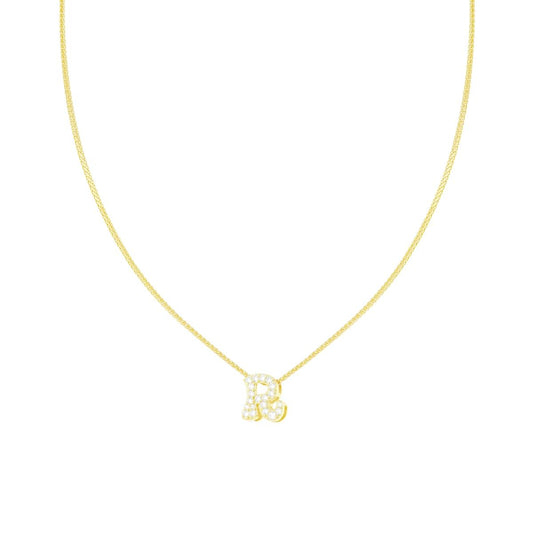 Collana Catena Spiga Diamantata con Lettera Iniziale R e Cubic Zirconia Bianchi in ARGENTO 925 Galvanica Oro