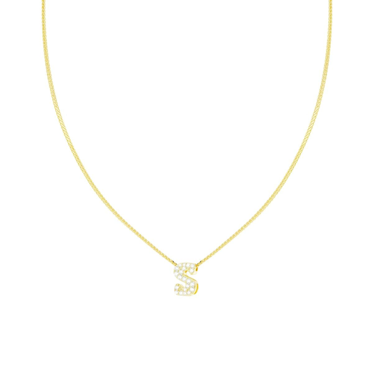 Collana Catena Spiga Diamantata con Lettera Iniziale S e Cubic Zirconia Bianchi in ARGENTO 925 Galvanica Oro