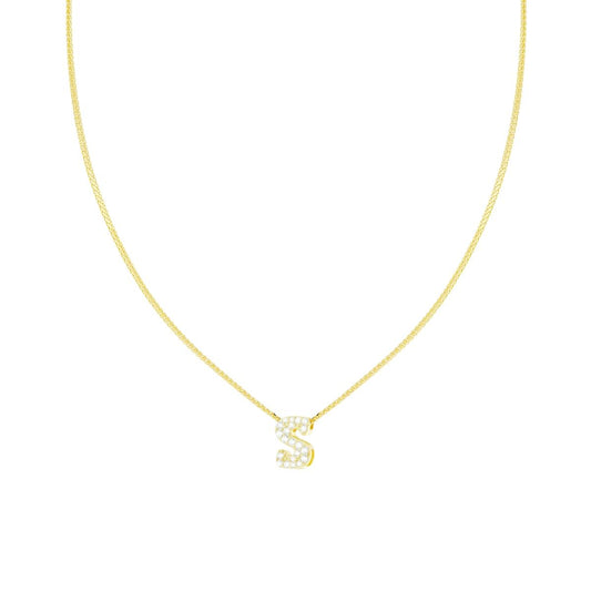 Collana Catena Spiga Diamantata con Lettera Iniziale S e Cubic Zirconia Bianchi in ARGENTO 925 Galvanica Oro