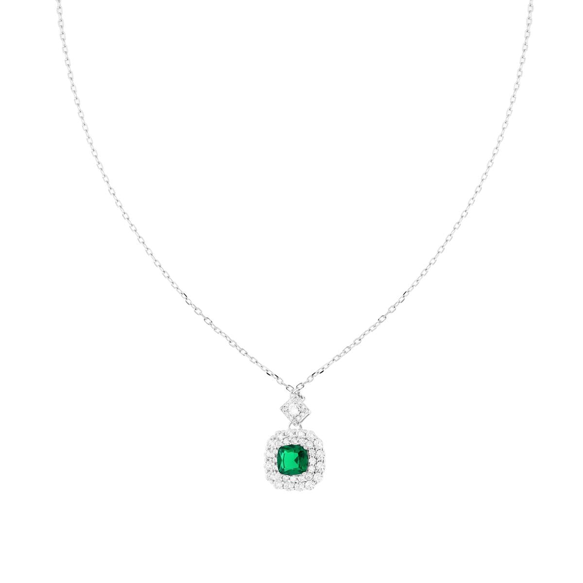 Collana Catena Forzatina Diamantata con Quadrato Cushion Verde Smeraldo contornato da Cubic Zirconia Bianchi in ARGENTO 925 Galvanica Rodio