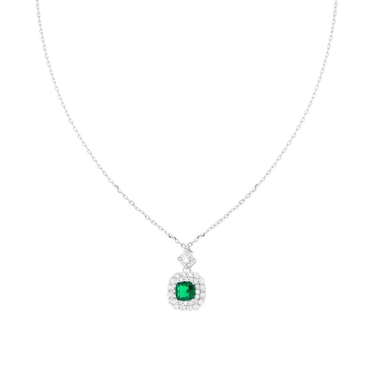 Collana Catena Forzatina Diamantata con Quadrato Cushion Verde Smeraldo contornato da Cubic Zirconia Bianchi in ARGENTO 925 Galvanica Rodio