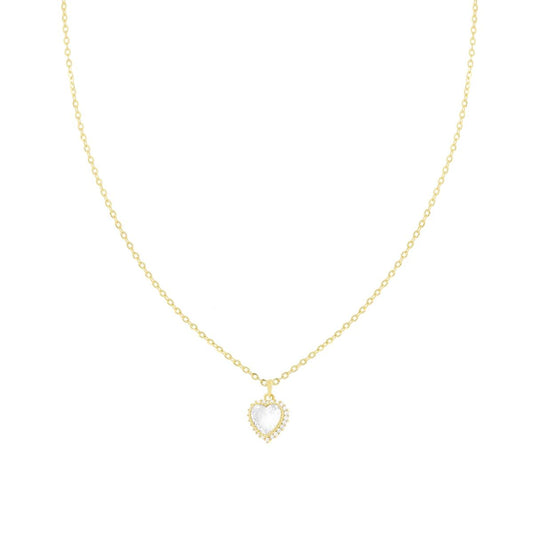 Collana Catena Forzatina Diamantata con Cuore Bianco contornato da Cubic Zirconia Bianchi in ARGENTO 925 Galvanica Oro