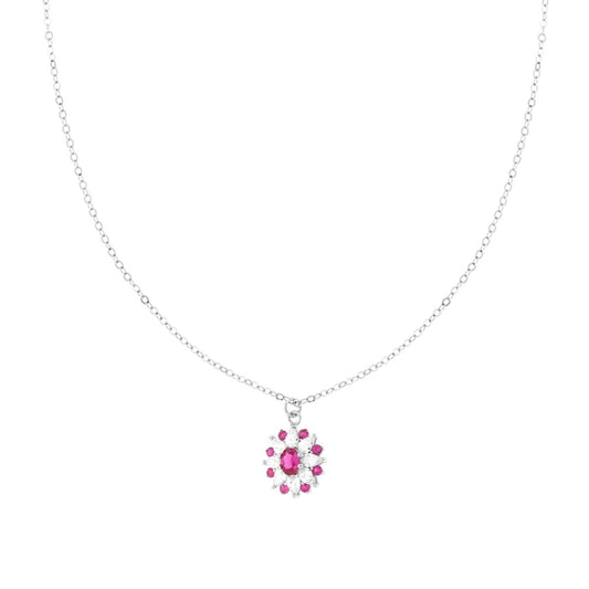 Collana Catena Forzatina Diamantata con Fiore Ovale Rosso Rubino e Cubic Zirconia Bianchi Marquise in ARGENTO 925 Galvanica Rodio