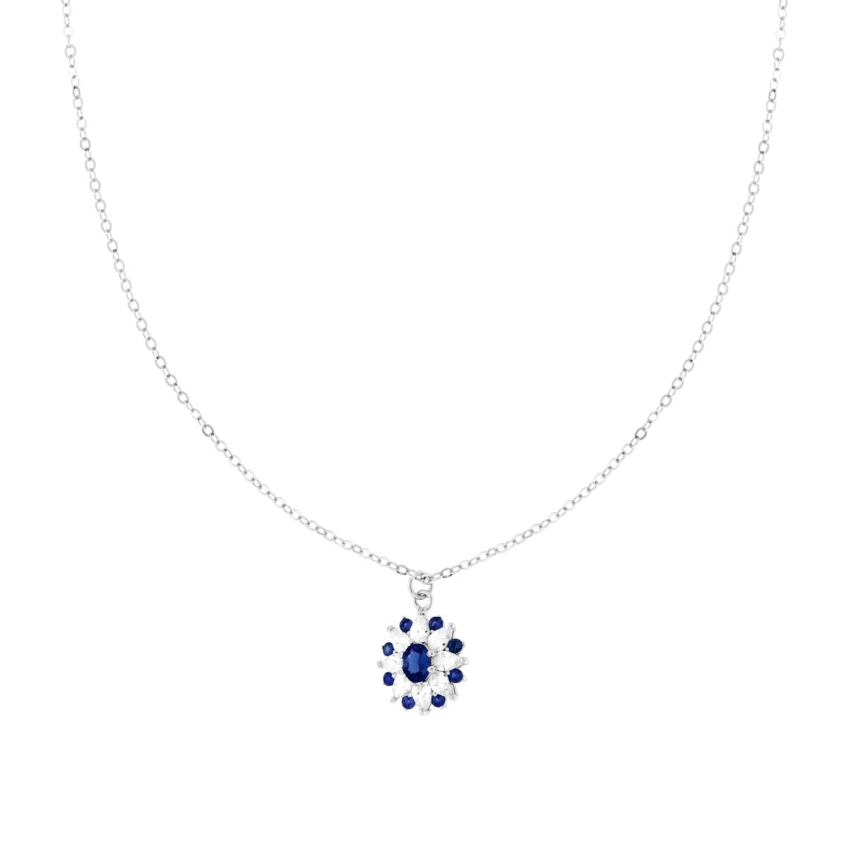 Collana Catena Forzatina Diamantata con Fiore Ovale Blu Zaffiro e Cubic Zirconia Bianchi Marquise in ARGENTO 925 Galvanica Rodio
