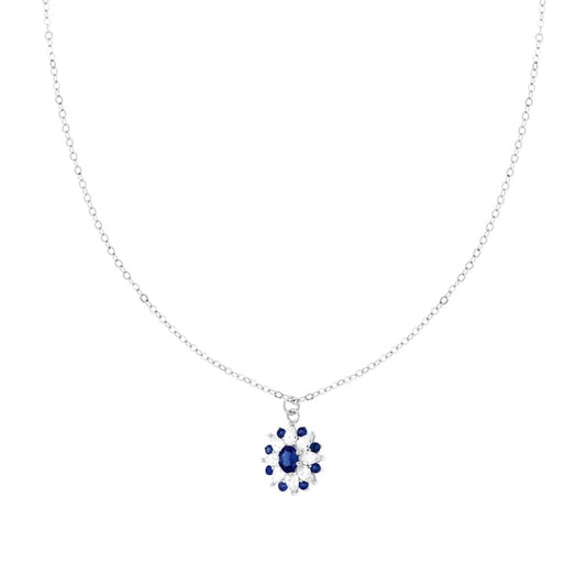 Collana Catena Forzatina Diamantata con Fiore Ovale Blu Zaffiro e Cubic Zirconia Bianchi Marquise in ARGENTO 925 Galvanica Rodio