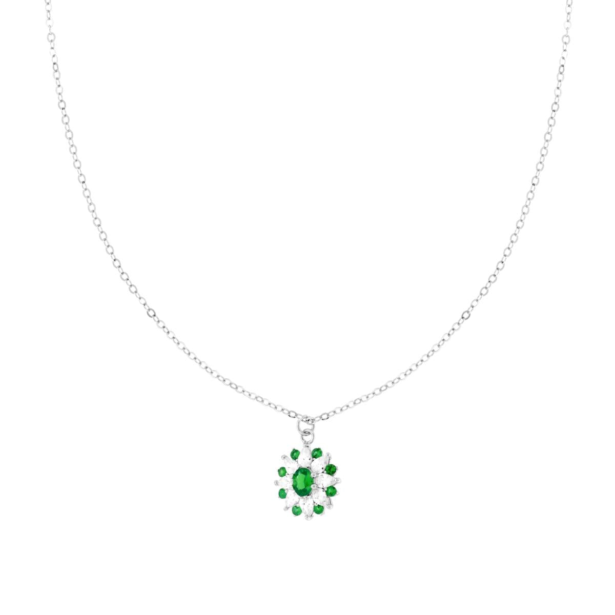 Collana Catena Forzatina Diamantata con Fiore Ovale Verde Smeraldo e Cubic Zirconia Bianchi Marquise in ARGENTO 925 Galvanica Rodio
