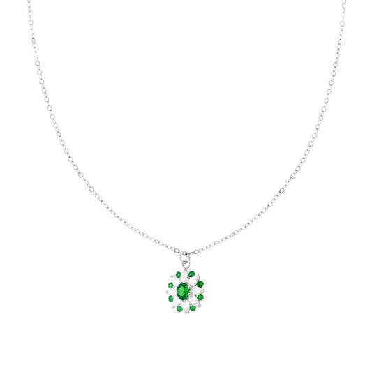 Collana Catena Forzatina Diamantata con Fiore Ovale Verde Smeraldo e Cubic Zirconia Bianchi Marquise in ARGENTO 925 Galvanica Rodio