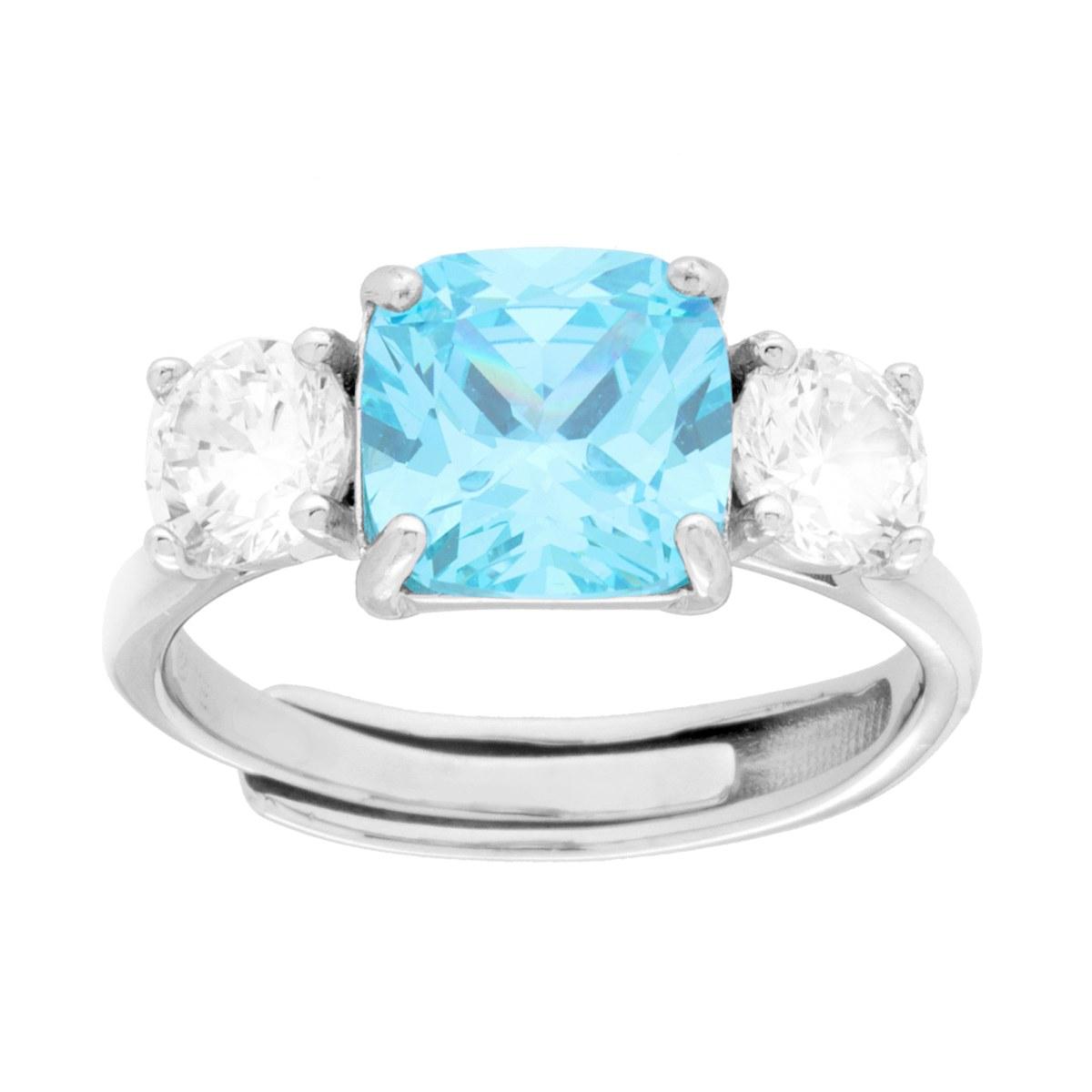Anello Trilogy Acquamarina Quadrato Cushion e Cubic Zirconia Bianchi in ARGENTO 925 Galvanica Rodio