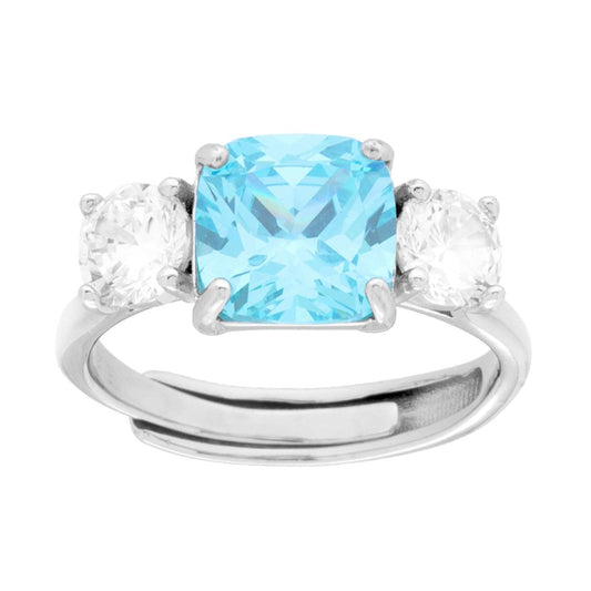 Anello Trilogy Acquamarina Quadrato Cushion e Cubic Zirconia Bianchi in ARGENTO 925 Galvanica Rodio