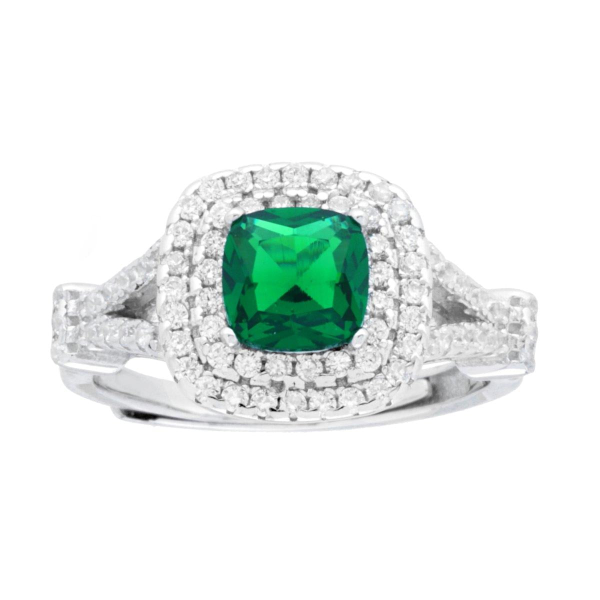 Anello Solitario Verde Smeraldo Cushion contornato da Cubic Zirconia Bianchi in ARGENTO 925 Galvanica Rodio
