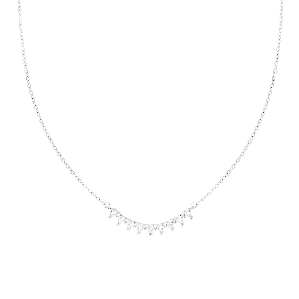 Collana Catena Forzatina Diamantata con Centrale Gocce Cubic Zirconia Bianchi in ARGENTO 925 Galvanica Rodio