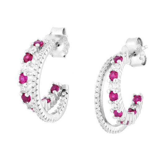 Orecchini Cerchio Doppia Canna con Cubic Zirconia Rosso Rubino e Bianchi in ARGENTO 925 Galvanica Rodio
