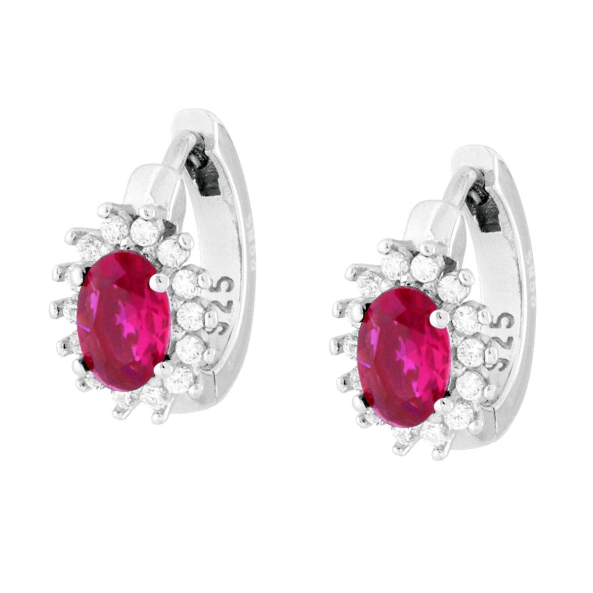 Orecchini Cerchio con Ovale Rosso Rubino contornato da Cubic Zirconia Bianchi in ARGENTO 925 Galvanica Rodio