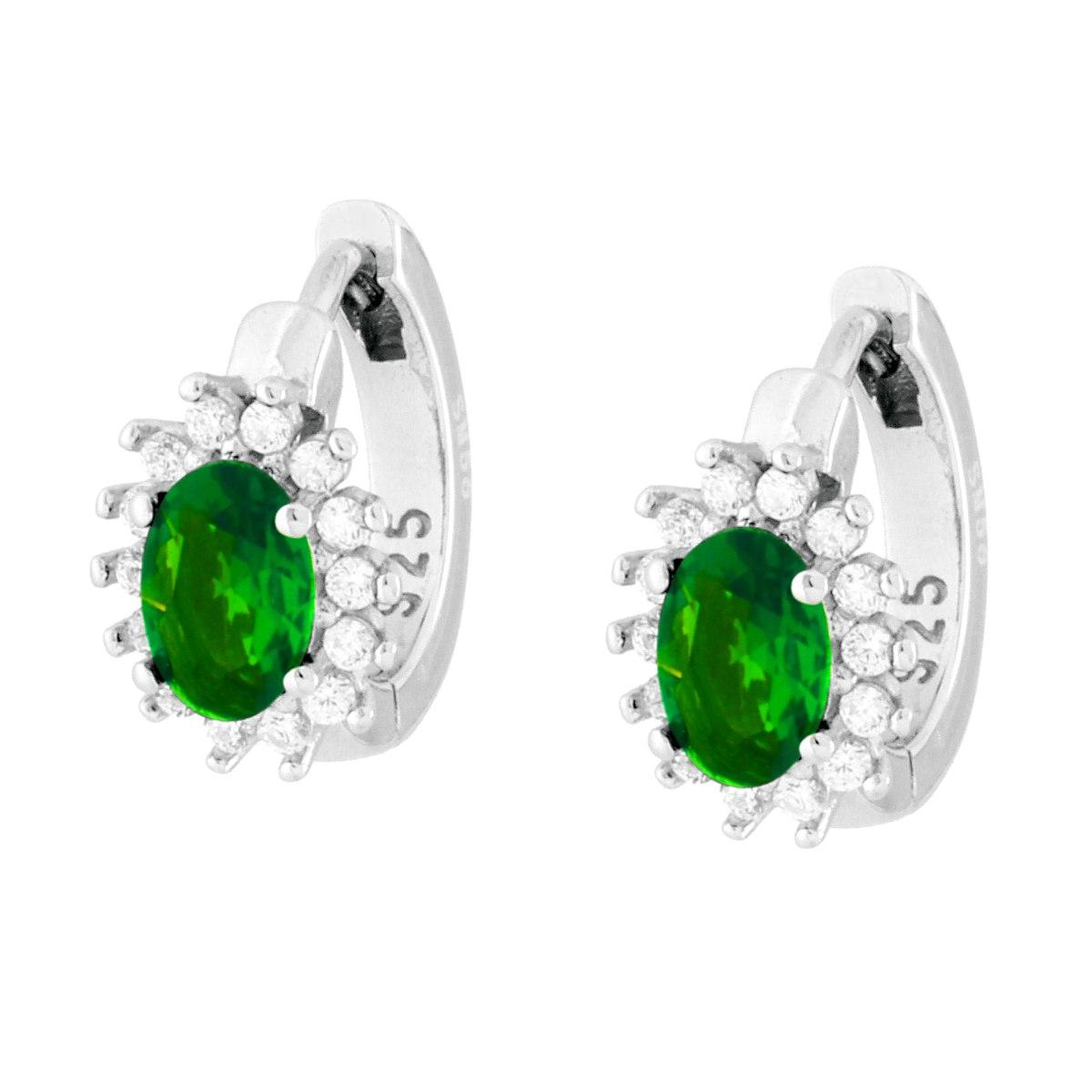 Orecchini Cerchio con Ovale Verde Smeraldo contornato da Cubic Zirconia Bianchi in ARGENTO 925 Galvanica Rodio
