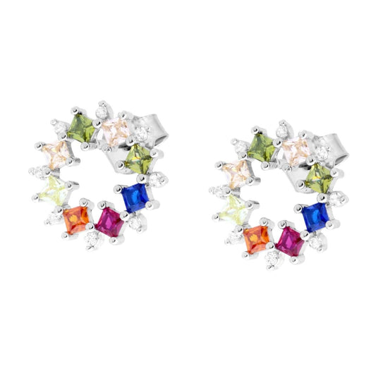 Orecchini Ghirlanda con Cubic Zirconia Carre Multicolor in ARGENTO 925 Galvanica Rodio
