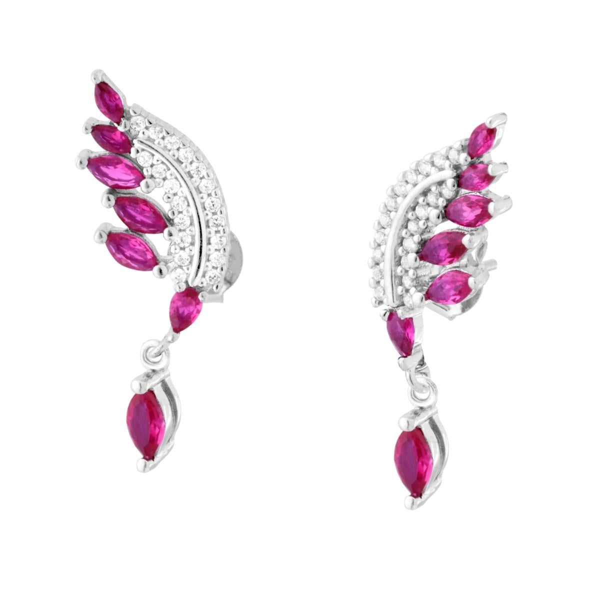 Orecchini Piuma con Cubic Zirconia Bianchi e Rosso Rubino pendenti in ARGENTO 925 Galvanica Rodio