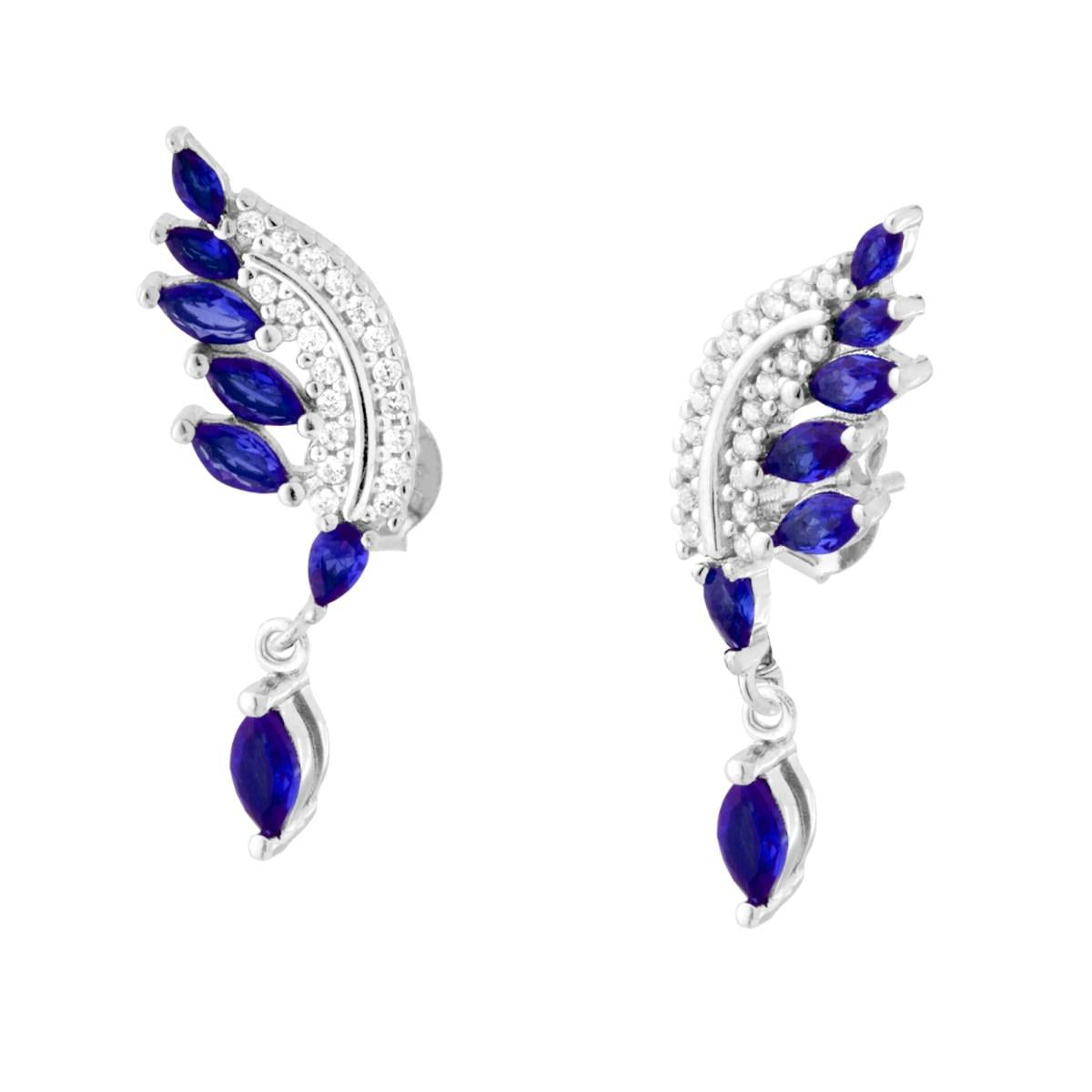 Orecchini Piuma con Cubic Zirconia Bianchi e Blu Zaffiro pendenti in ARGENTO 925 Galvanica Rodio