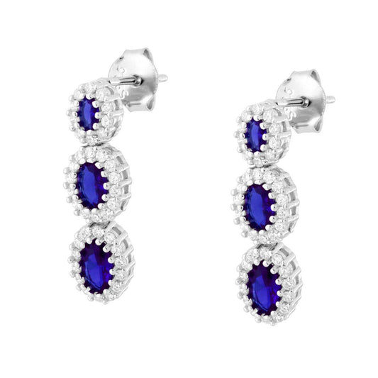 Orecchini con Pendenti Ovali Blu Zaffiro contornati da Cubic Zirconia Bianchi in ARGENTO 925 Galvanica Rodio