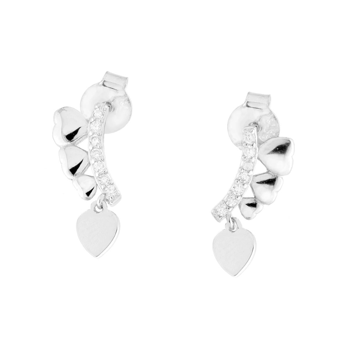 Orecchini Barretta e Cuori con Cubic Zirconia Bianchi in ARGENTO 925 Galvanica Rodio