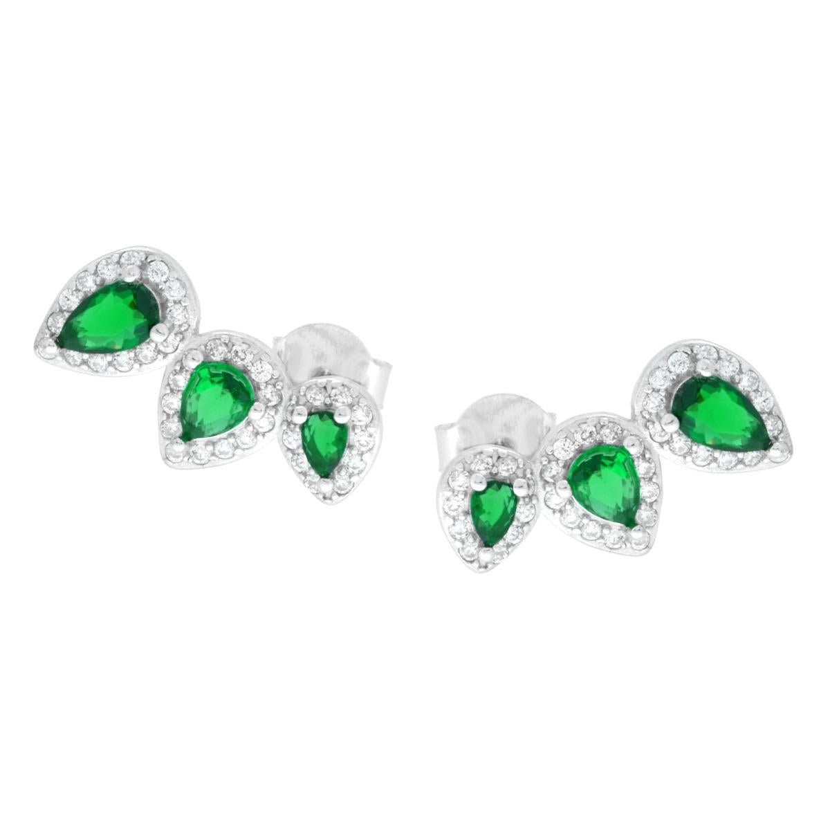 Orecchini Trilogy Gocce Verde Smeraldo contornate da Cubic Zirconia Bianchi in ARGENTO 925 Galvanica Rodio