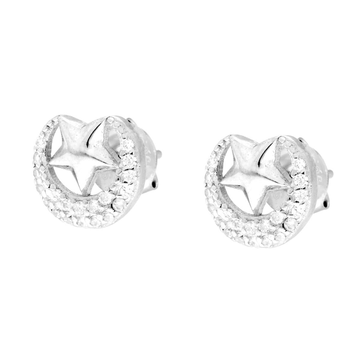 Orecchini Luna e Stella con Cubic Zirconia Bianchi in ARGENTO 925 Galvanica Rodio