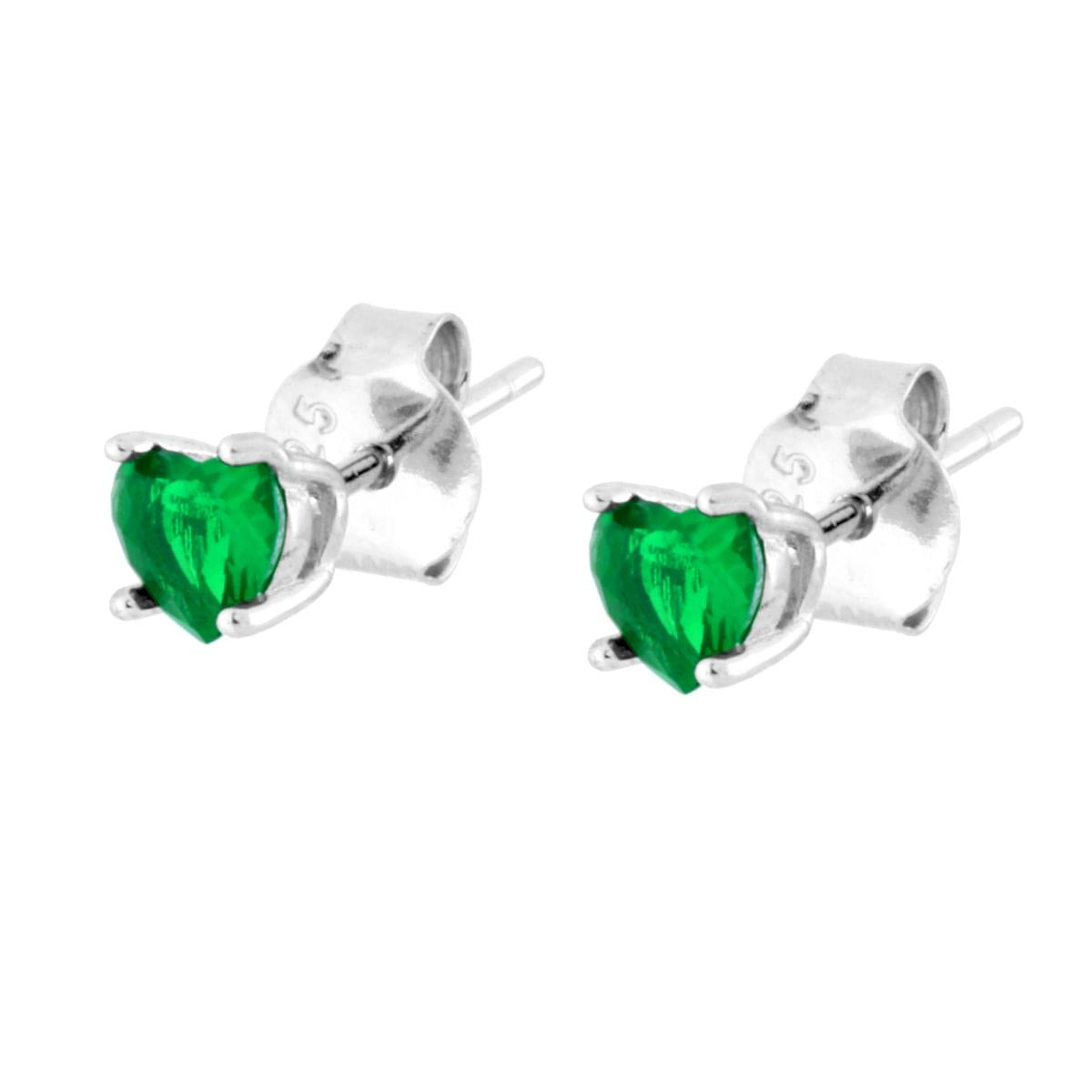 Orecchini Punto Luce Cuore mm 4 Cubic Zirconia Verde Smeraldo in ARGENTO 925 Galvanica Rodio