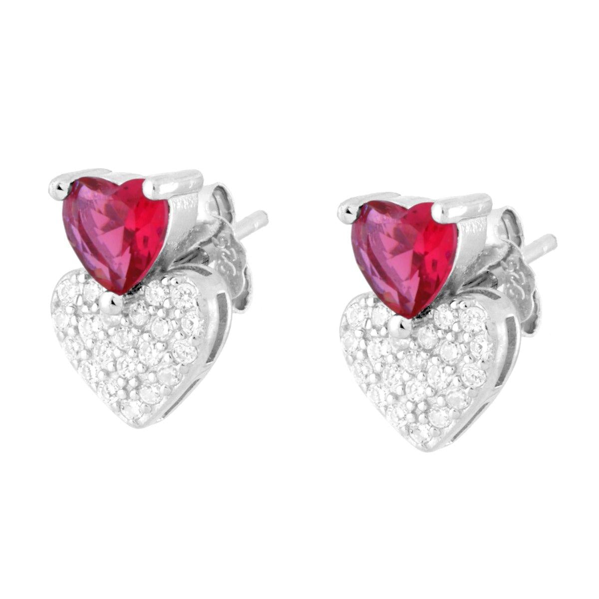 Orecchini Cuori Rosso Rubino e Cubic Zirconia Bianchi in ARGENTO 925 Galvanica Rodio