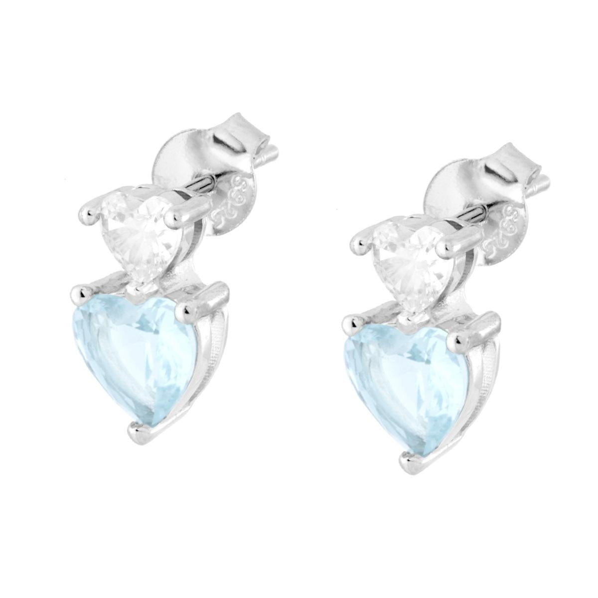 Orecchini Punto Luce Cuori Cubic Zirconia Bianco e Acquamarina in ARGENTO 925 Galvanica Rodio