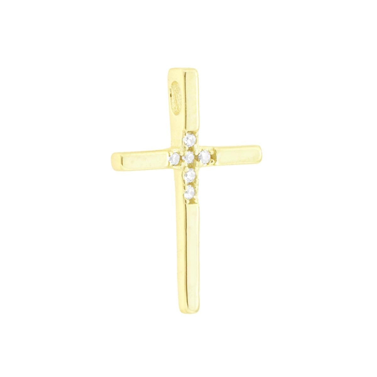 Ciondolo con passante per catena a forma di croce con finitura liscia e lucida e con cubic zirconia bianchi incastonati.