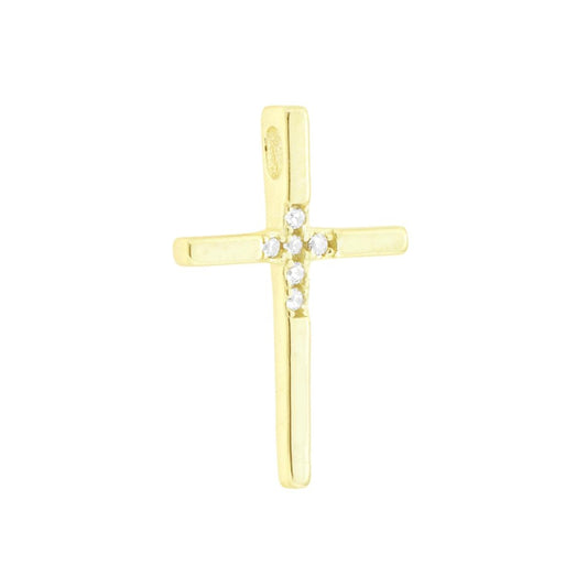 Ciondolo con passante per catena a forma di croce con finitura liscia e lucida e con cubic zirconia bianchi incastonati.