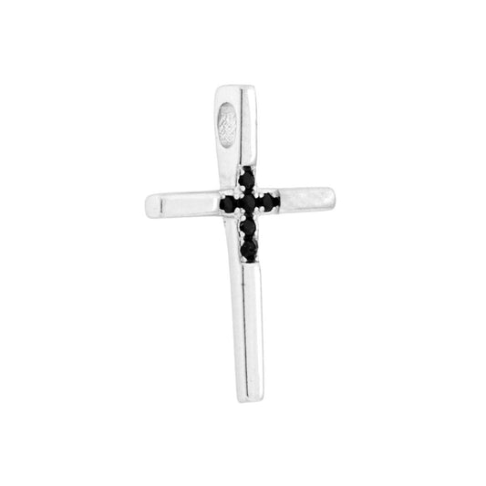Ciondolo con passante per catena a forma di croce con finitura liscia e lucida e con cubic zirconia neri incastonati.