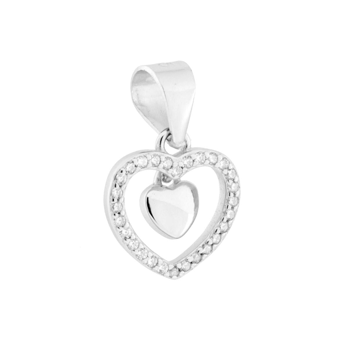 Ciondolo a forma di cuore con cubic zirconia bianchi incastonati, accessorio pendente in centro a forma di cuore con finitura liscia e lucida.
