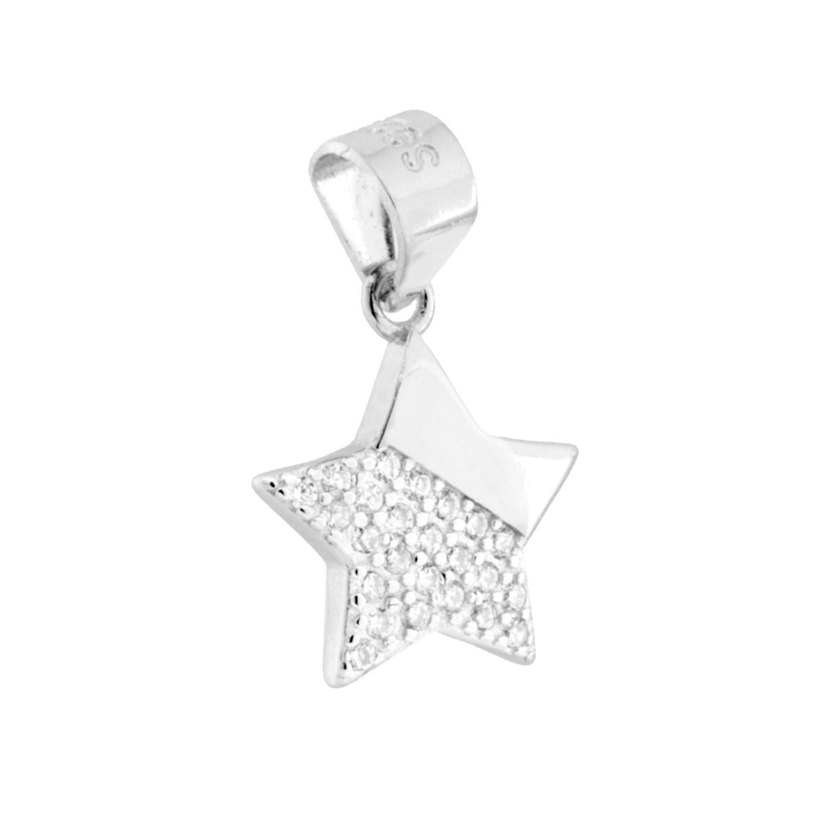 Ciondolo a forma di stella con cubic zirconia bianchi incastonati e finitura liscia e lucida.