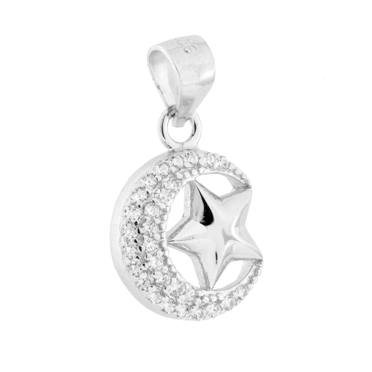 Ciondolo a forma di luna con cubic zirconia bianchi incastonati e stella con finitura liscia e lucida.<BR>