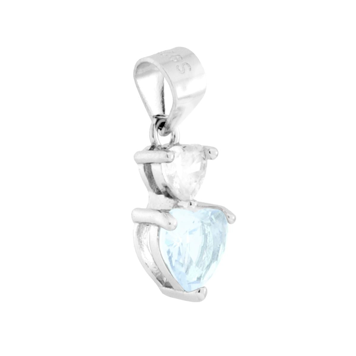 Ciondolo punto luce con due cubic zirconia colore Bianco e Acquamarina a forma di cuore montati su 3 Griffe.