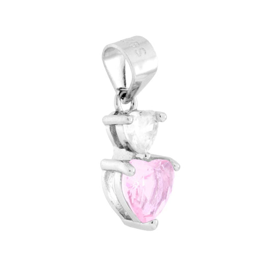 Ciondolo punto luce con due cubic zirconia colore Bianco e Rosa a forma di cuore montati su 3 Griffe.