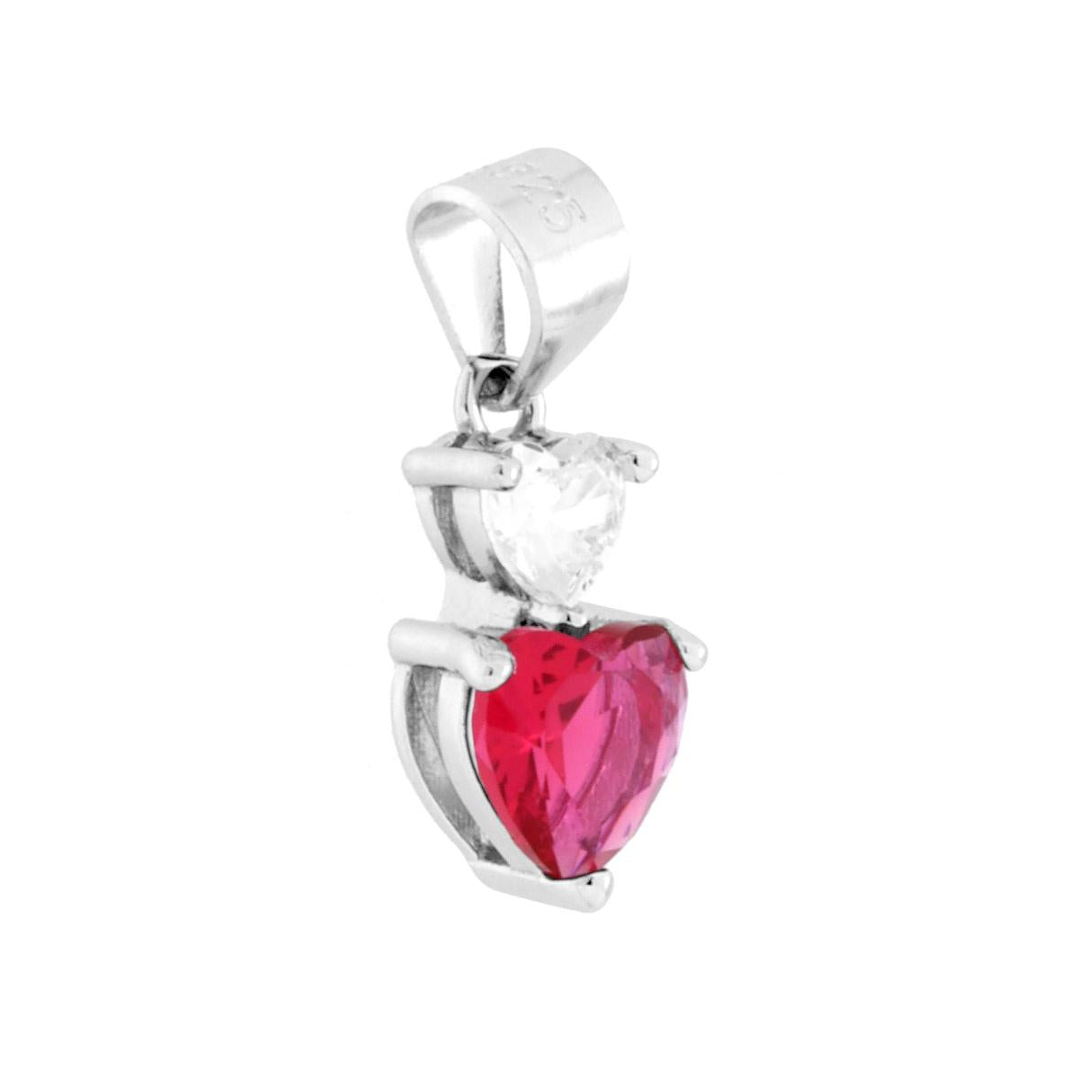 Ciondolo punto luce con due cubic zirconia colore Bianco e Rosso Rubino a forma di cuore montati su 3 Griffe.<BR>