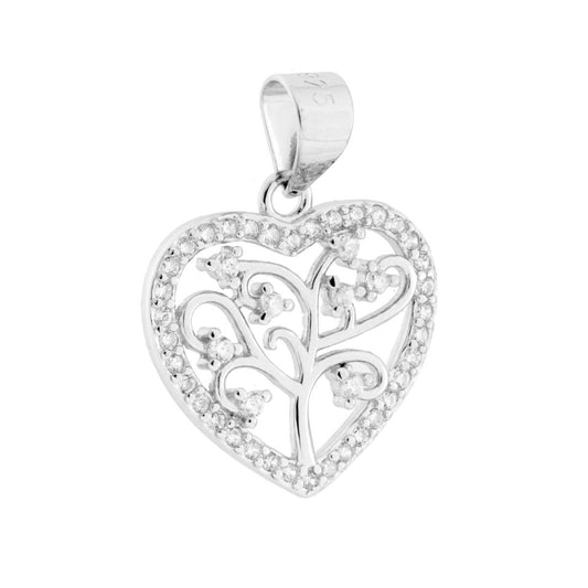 Ciondolo a forma di cuore con albero della vita con finitura liscia e lucida e con cubic zirconia bianchi incastonati.<BR>