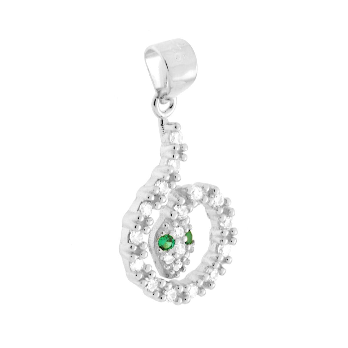 Ciondolo a forma di serpente con cubic zirconia colore bianco e verde smeraldo incastonati.<BR>