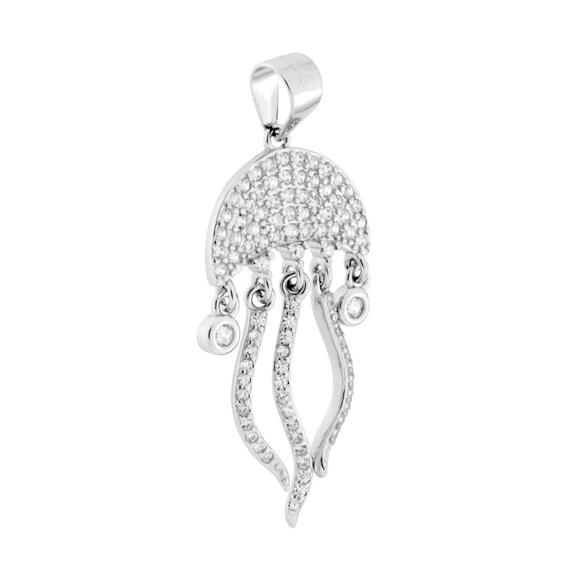 Ciondolo a forma di medusa con tentacoli pendenti e cubic zirconia bianchi incastonati.