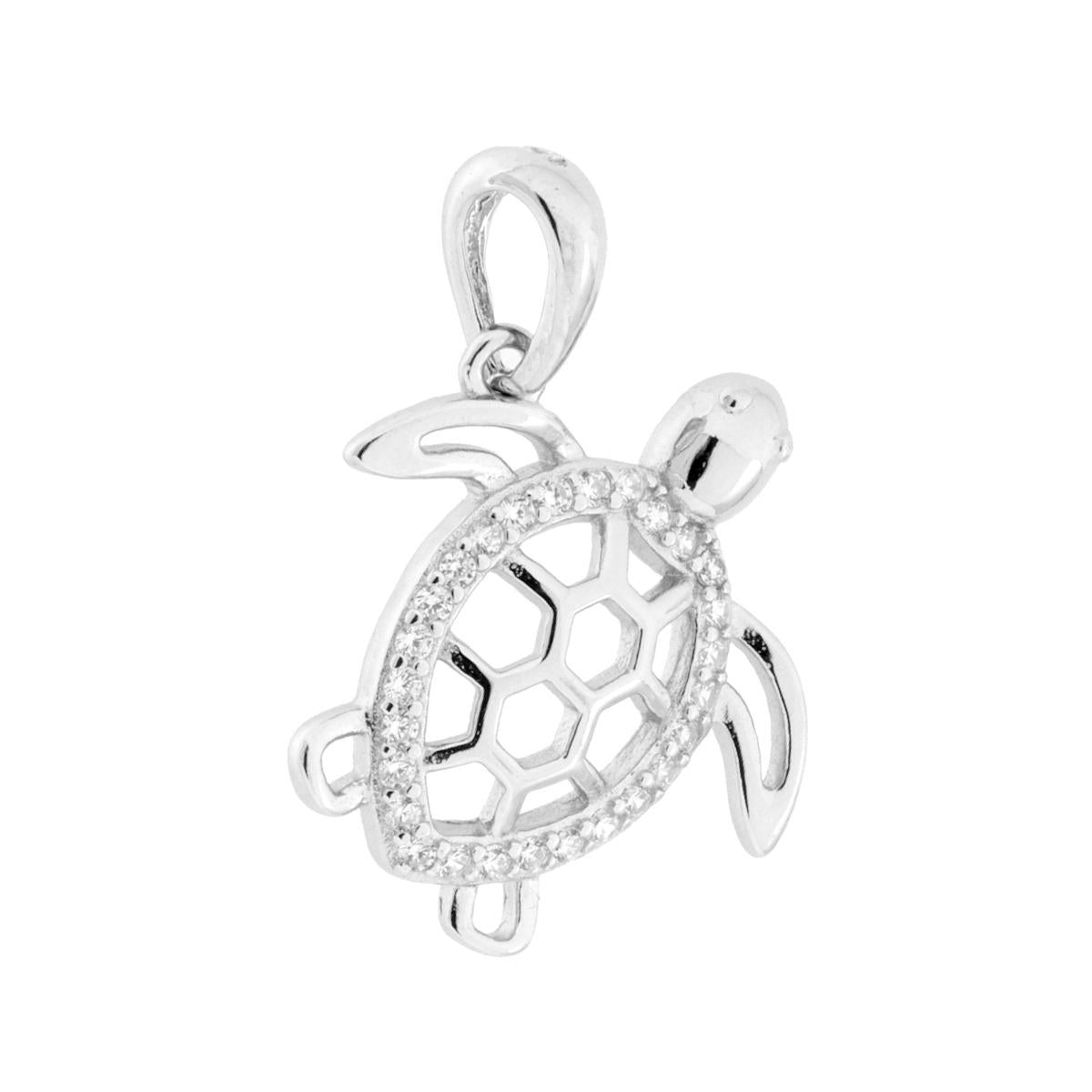 Ciondolo a forma di Tartaruga con finitura lucida e cubic zirconia bianchi incastonati.